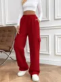 Red cargo sweatpants for women, high waist loose casual trousers with drawstring and pockets. - S / Bottoms / Red