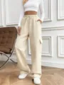 Casual beige loose-fitting cargo sweatpants with drawstring high waist for women. - S / Bottoms / Khaki