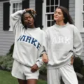 Women's grey crewneck fleece sweatshirt set variant, featuring bold collegiate letter print on chest for casual wear. - XS / Top And Bottom / Light Gray with White Letters
