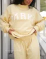 Women yellow crewneck sweatshirt and sweatpants set with Parke letter embroidery variant. - XS / Top And Bottom / Khaki with White Letters