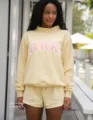Women casual round neck sweatshirt and shorts set with pink arched letter print in light yellow. - XS / Top And Bottom / Khaki with Pink Letters