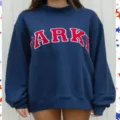 Navy blue collegiate letter print sweatshirt for women, comfortable long sleeve pullover top. - Navy Blue - Red Text / XS