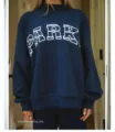 Women's dark blue crewneck sweatshirt featuring stylish white letter print and comfortable relaxed fit. - Navy Blue - Colorful Text / XS