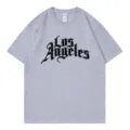Casual grey short sleeve t-shirt for women featuring Los Angeles chest graphic print. - Gray