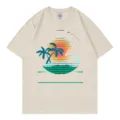 Beige short sleeve crewneck t-shirt with vintage California palm tree sunset graphic print. - Beige
