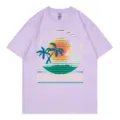 Women short sleeve t-shirt casual summer vintage california surfing print round neck top - Lavender