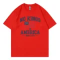 Casual red short sleeve T-shirt with vintage American slogan chest print for daily wear. - S / Tops / Red