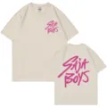 Oversized beige short sleeve t-shirt with pink graphic print for men and women daily wear. - Beige