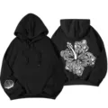 Schwarzer Oversized Y2K Hoodie mit großem Blumen-Muschel-Print hinten und Muschel-Ärmeldetail. - S / Oberteile / Schwarz