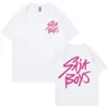 Camiseta blanca oversize para hombre y mujer con estampado rosa Saja Boys en el pecho y la espalda. - S / Tops / Blanco