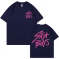 Camiseta oversize azul marino de manga corta con estampado grafico rosa para hombres y mujeres. - S / Tops / Azul marino