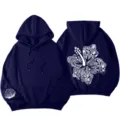 Damen Oversized Y2K Kapuzenpullover Dunkelblau Langarm Drop Shoulder Blumen Backprint - S / Oberteile / Marineblau