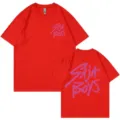 Red oversized t-shirt for men and women featuring stylish Saja boys graphic print. - Red