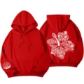 Damen roter Oversize Y2K Hoodie mit weißem Hibiskus und Muschel Grafik Print Sweatshirt. - S / Oberteil (311) / Rot