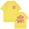 Yellow oversized short sleeve t-shirt with pink Saja Boys graphic print for daily wear. - Yellow