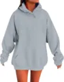 Γυναικείο Oversized μονόχρωμο φούτερ με κουκούλα casual μακρυμάνικο με τσέπη καγκουρό - Ανοιχτό γκρι