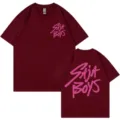 Maroon oversized Saja Boys print t-shirt for men and women, stylish graphic casual tee. - Burgundy