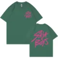Dark green oversized short-sleeve t-shirt with pink graphic print on front and back. - Dark Green