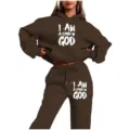 Damen brauner Fleece Hoodie und Jogginghose Set mit Buchstaben Print Freizeit Sportswear - S / Oberteil und Unterteil / Kaffee