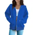 Women blue zip up hoodie loose casual long sleeve hooded sweatshirt jacket outerwear top. - Blue