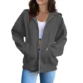 Casual dark grey zip-up hoodie for women, oversized long sleeve hooded sweatshirt with pockets. - Dark Gray