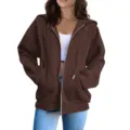 Detailed view of women casual brown zip up hoodie, loose fit plus size outerwear top. - Coffee
