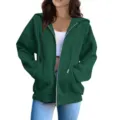 Dark green zip-up oversized hoodie with hood and pockets for comfortable casual daily wear. - Dark Green