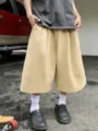Mens casual solid color wide leg shorts summer streetwear fashion breathable culottes - Khaki