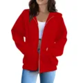 Classic red zip-up hoodie for women, loose casual long sleeve outerwear with comfortable fit. - Red