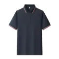 Men's short sleeve polo shirt classic navy blue contrast stripe lapel casual business top - S / Tops / Navy Blue