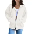 Close-up detail of the white zip-up hoodie featuring long sleeves, hood, and front pockets. - S / Tops / White