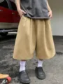 Men's Casual Loose Wide-Leg Shorts Khaki Summer Streetwear Trendy Cropped Pants Wear - Camel