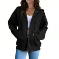 Women casual solid color long sleeve hooded zip up sweatshirt with pockets and drawstring. - Black