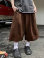 Men casual brown wide-leg shorts summer streetwear loose fit culottes comfortable. - Coffee