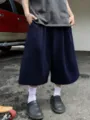 Men's casual loose wide-leg cropped shorts solid color streetwear summer comfortable trousers - Navy Blue