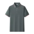 Men's dark grey short-sleeve polo shirt with stylish red and white striped collar cuffs. - S / Tops / Dark Gray