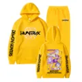 Gelbes Kpop Demon Hunters Kapuzenpullover und Jogginghose Trainingsanzug Set für Fans. - Gelb