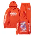 Oranger Kpop Demon Hunters Kapuzenpullover und Jogginghose Set, bequemer Unisex Sportanzug. - Orange