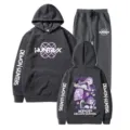 Stilvoller Kpop Demon Hunters grauer Kapuzenpullover und Jogginghose Trainingsanzug Set. - Dunkelgrau