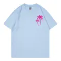 Hellblaues Kurzarm T-Shirt mit rosa Palme Grafikprint, lässiges Rundhals-Oberteil. - S / Oberteile / Hellblau