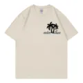 Beige short sleeve t-shirt with palm tree graphic and casual round neck for women. - S / Tops / Beige
