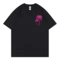 Casual black short-sleeve t-shirt featuring a stylish pink palm tree graphic on the chest. - S / Tops / Black