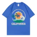 Casual blue short sleeve t-shirt featuring a retro California surf graphic print design. - S / Tops / Sapphire Blue