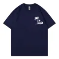 Dark blue short sleeve crew neck t-shirt with white palm tree graphic print for summer daily use. - S / Tops / Navy Blue