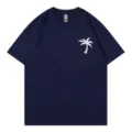 Casual navy blue short sleeve t-shirt for women with trendy white palm tree print summer beach top - S / Tops / Navy Blue