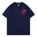Navy blue crewneck short sleeve t-shirt with pink palm tree graphic print for summer daily. - S / Tops / Navy Blue
