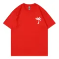 Red short sleeve t-shirt with white palm tree graphic, casual summer surf crewneck top. - S / Tops / Red