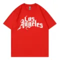Red short sleeve t-shirt with white Los Angeles gothic letter print casual crewneck top - Red