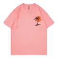 Sommer Damen Rosa Rundhals T-Shirt mit Tropischer Palmen Sonnenuntergang Grafik Print - Rosa