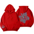 Γυναικείο Φούτερ Oversize Y2k Κόκκινο με Κουκούλα και Μπλε Φλοράλ Στάμπα Casual - S / Tops / Κόκκινο